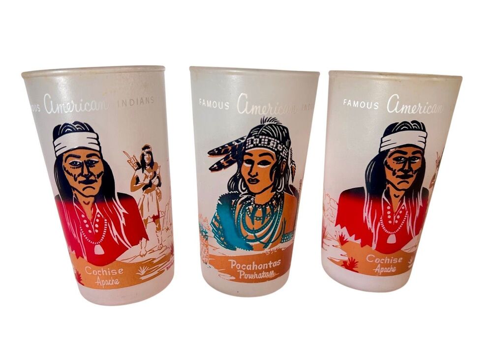 VTG Acee Blue Eagle Famous American Indians Frosted Glass Tumblers Knox Oil Co